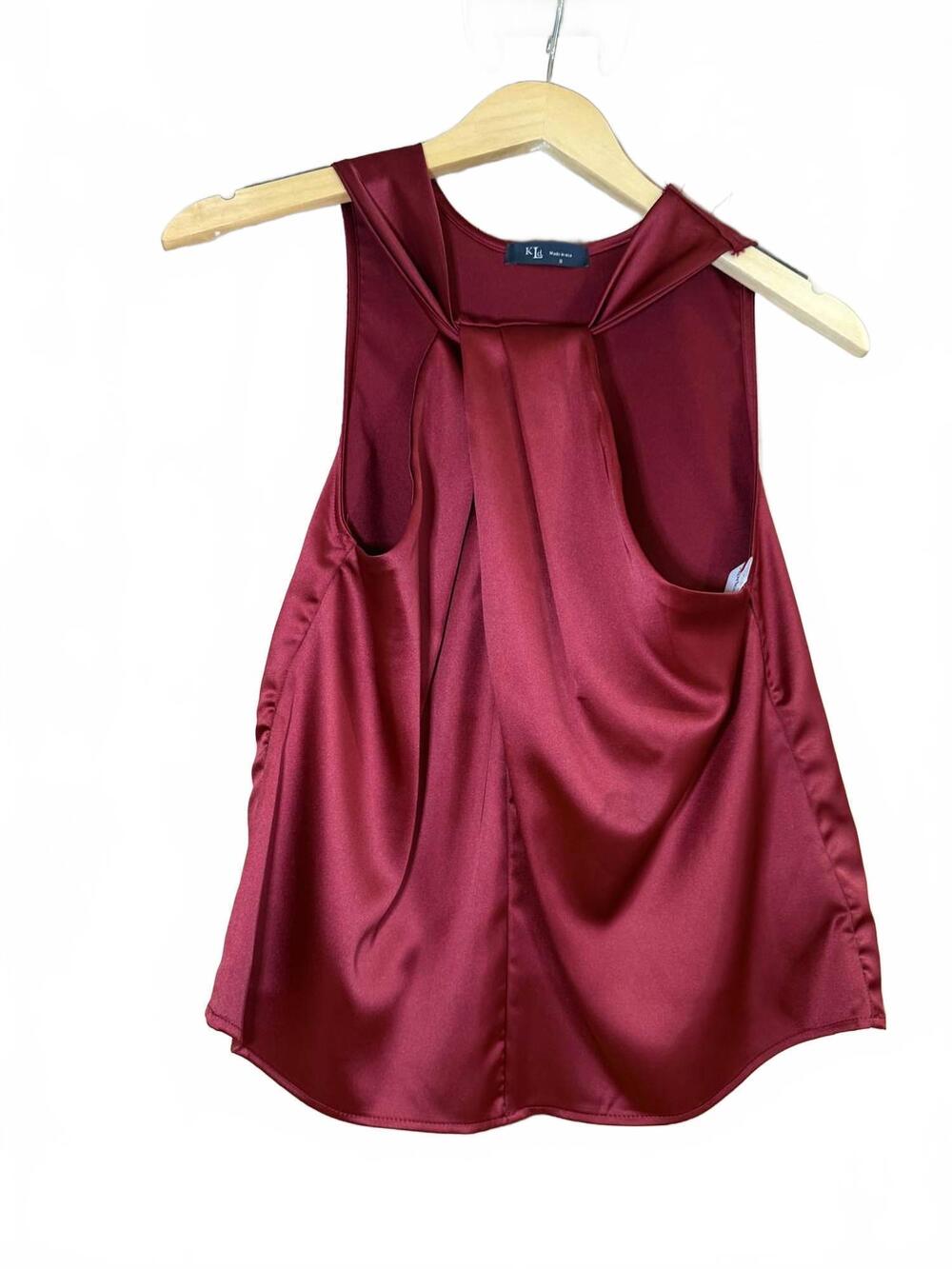NEW KLD women's satin front crossover halter top in wine